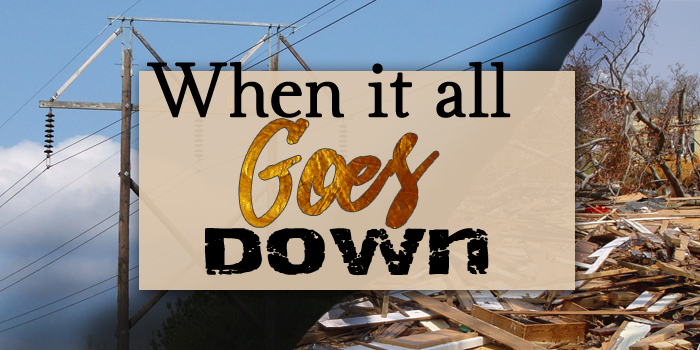 Infrastructure header that shows electrical lines superimposed above a disaster scene