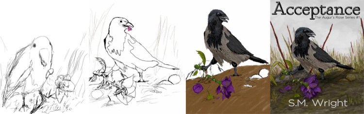 Progression of Acceptance cover from sketch to finished product.