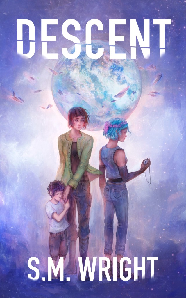 Descent cover featuring Sotiris, Katya, and a distant Mina.